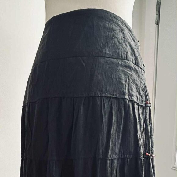 Lulumari Boho Wood & Gem Beaded Black Cotton Tiered and Lined Maxi Skirt - US L - Picture 7 of 8